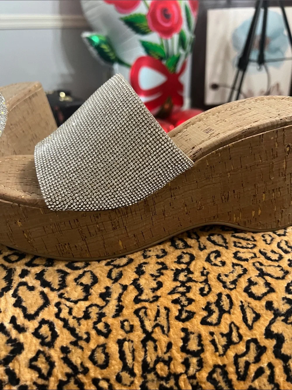 Madden Girl Tan Cork Platform Slides with Sparkle Crystal Strap